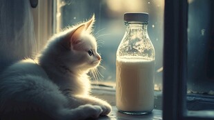 窗边小猫与玻璃瓶中的牛奶