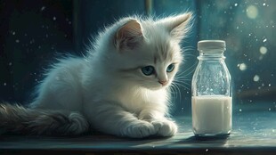 小白猫凝视玻璃瓶中的牛奶