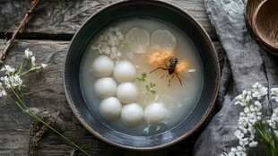 古风碗中汤圆与昆虫景象