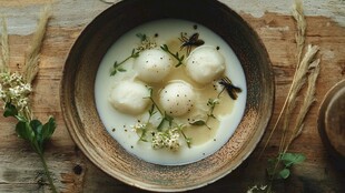 碗中美味鱼丸配清新香草