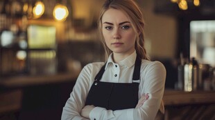 酒吧女服务员双臂交叉站立