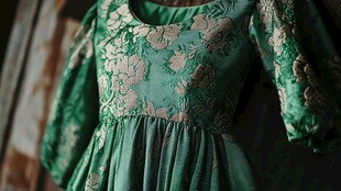 复古绿底花卉刺绣连衣裙