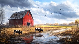 秋日红 barn 下的牧牛景象