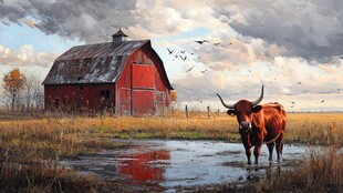 乡村红 barn 前的公牛