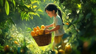 小女孩林间提篮采摘柑橘