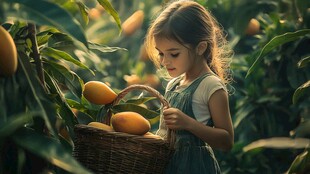 小女孩果园采摘金黄芒果