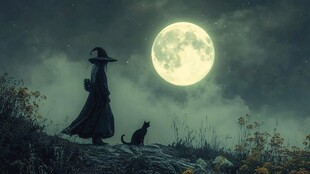 月夜下的女巫与黑猫