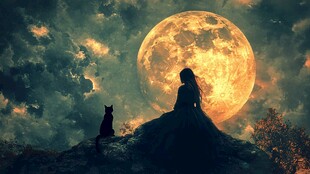 月下少女与猫的静谧时光