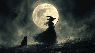 月夜下的女巫与黑猫