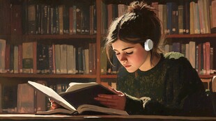 女孩图书馆专注读书瞬间