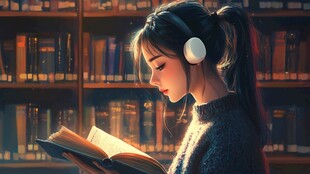 女孩于图书馆中专注阅读