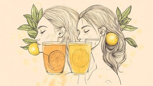 双生女孩共饮清新果茶