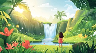 女孩置身梦幻丛林瀑布前