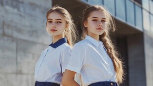 背对而立的双马尾校服少女