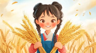 扎辫女孩笑拥金黄麦穗