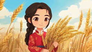 红衣女孩手捧金黄麦穗