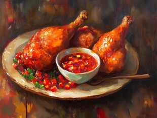 油画中的烤鸡腿与蘸料