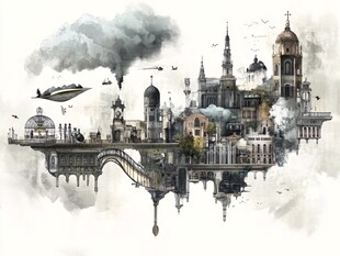 悬浮空中的奇幻蒸汽朋克城市