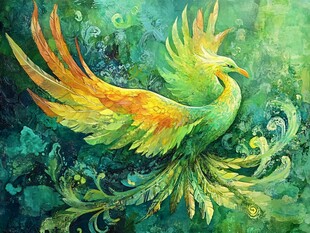 梦幻绿羽凤凰奇幻插画