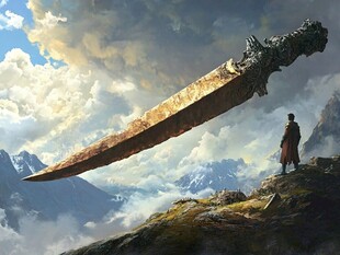 男子凝望天际巨大古之剑