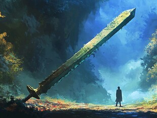 神秘巨剑下的孤独身影