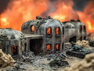 战火中的废墟与作战坦克