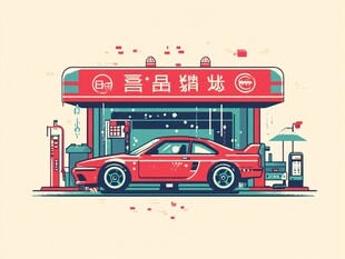 红色跑车在复古修车店