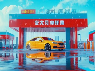 黄色轿车于加油站前场景