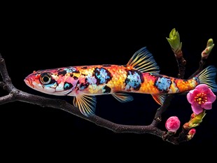 彩纹鱼栖于花枝间