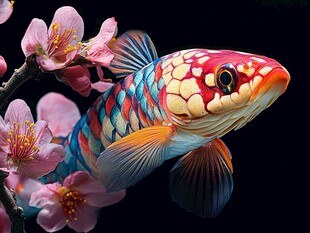 锦鲤戏繁花 灵动之美