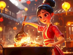 红衣女孩欢畅烹美食