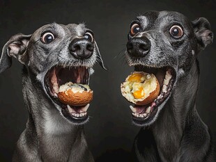 两犬开心吃蛋萌态十足