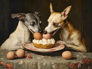 两犬争食美味蛋派瞬间