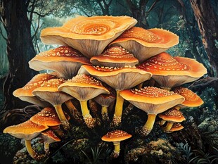 森林中壮观的橙色蘑菇群