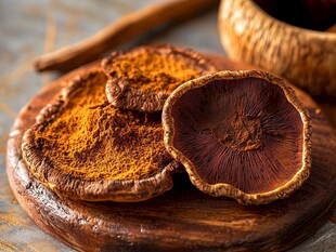 木盘上的灵芝干货展示