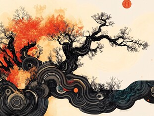 墨韵幻树映红日