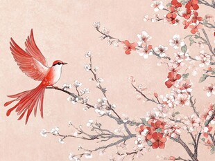 红鸟栖繁花枝头