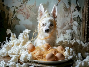 萌犬置身碎蛋与稻草场景中