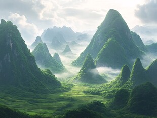 山间晨雾缭绕的翠绿胜景