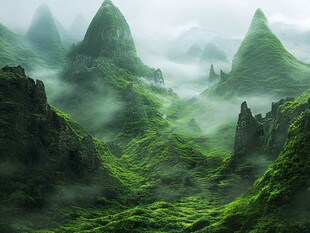 云雾缭绕的奇幻绿峰景观