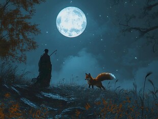 月夜孤影与狐的奇幻邂逅