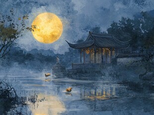 月夜湖畔古亭静谧之景
