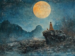 月夜独倚岩 人与猫共赏