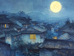 月夜下的古朴村落景象