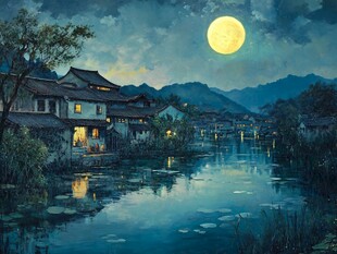 月夜下的中式水乡美景