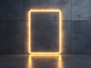 霓虹方框照亮暗墙空间