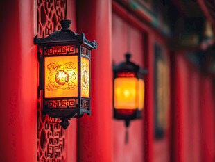 中式红灯笼点亮红墙