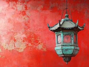 中式古灯悬于红墙之上