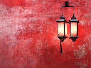 红墙下的中式复古双灯笼