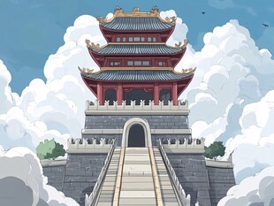 古风巍峨楼阁于云海之间